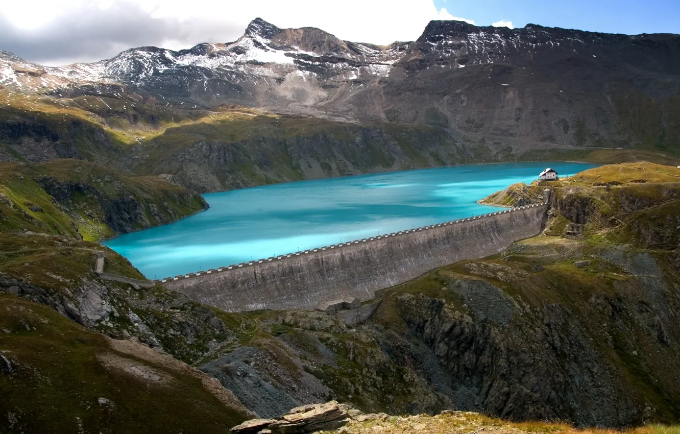 Photo wallpaper mountains, lake, rocks, dam