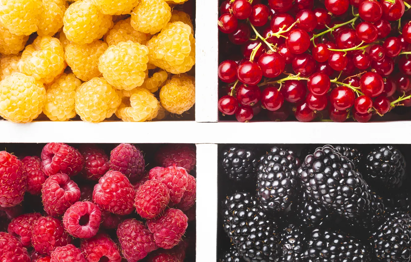 Photo wallpaper yellow, red, berries, raspberry, box, tray, different, currants
