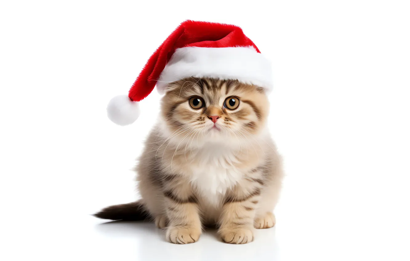 Photo wallpaper cat, look, sweetheart, new year, small, baby, Christmas, white background