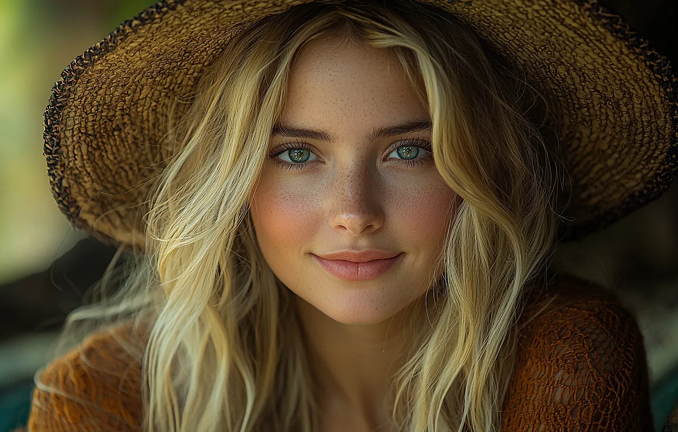 Photo wallpaper look, girl, face, smile, portrait, hat, blonde, freckles