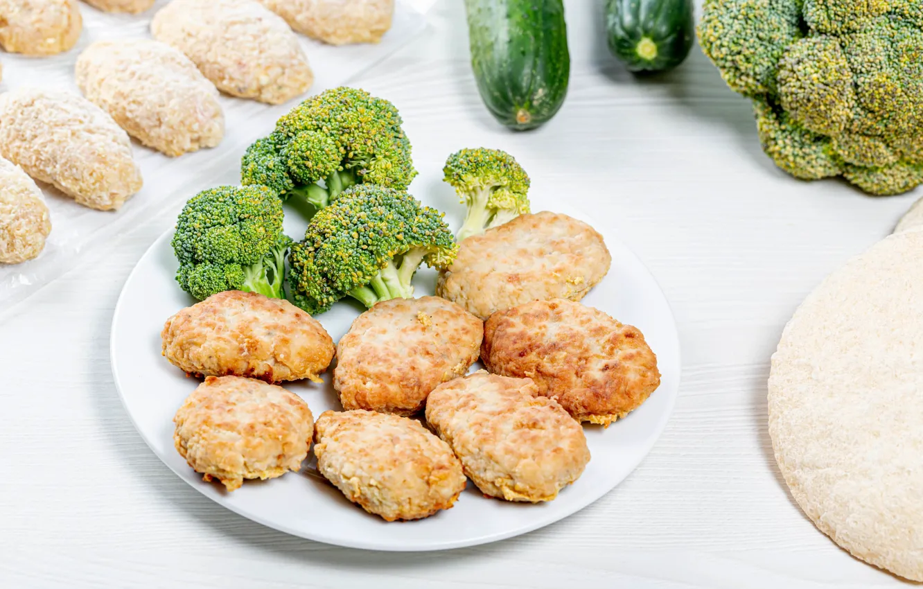 Photo wallpaper plate, cabbage, broccoli, burgers