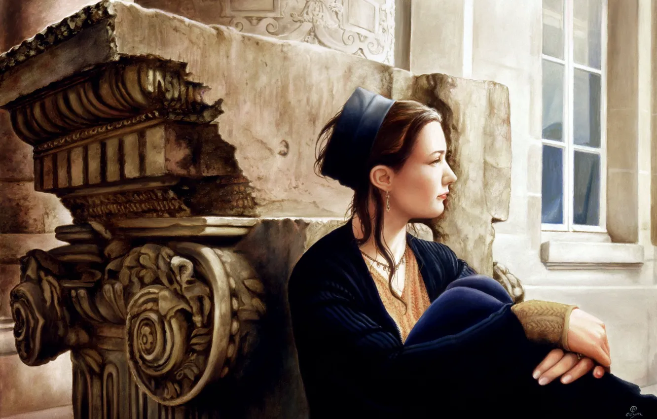 Photo wallpaper girl, reverie, picture, window, art, brown hair, sitting, column