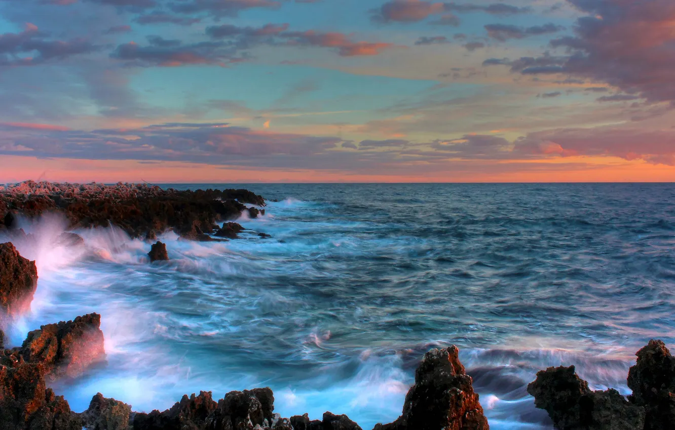 Photo wallpaper sea, wave, the sky, clouds, sunset, stones, rocks, shore