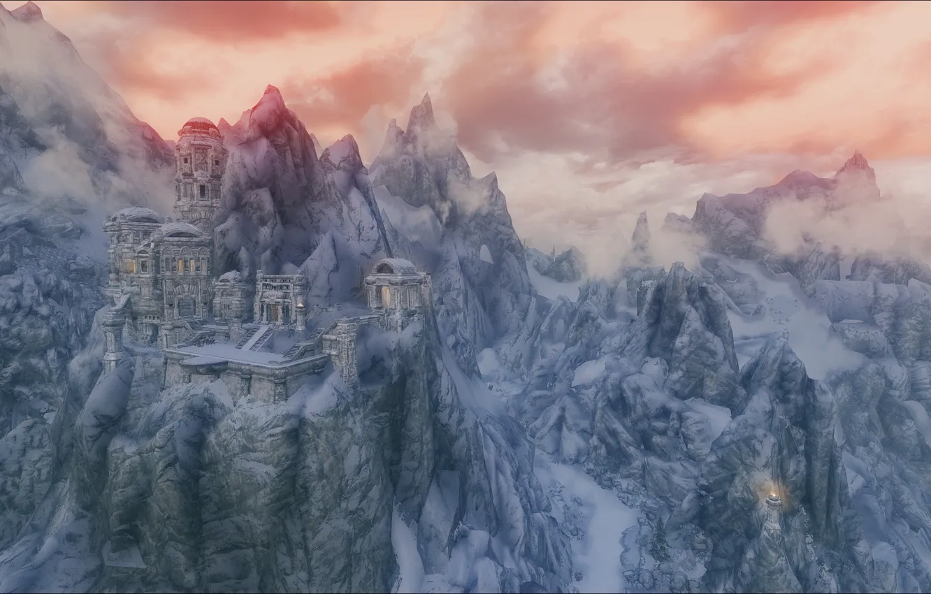 Photo wallpaper snow, mountains, ruins, Skyrim, Skyrim, the elder scrolls, The Elder Scrolls V Skyrim