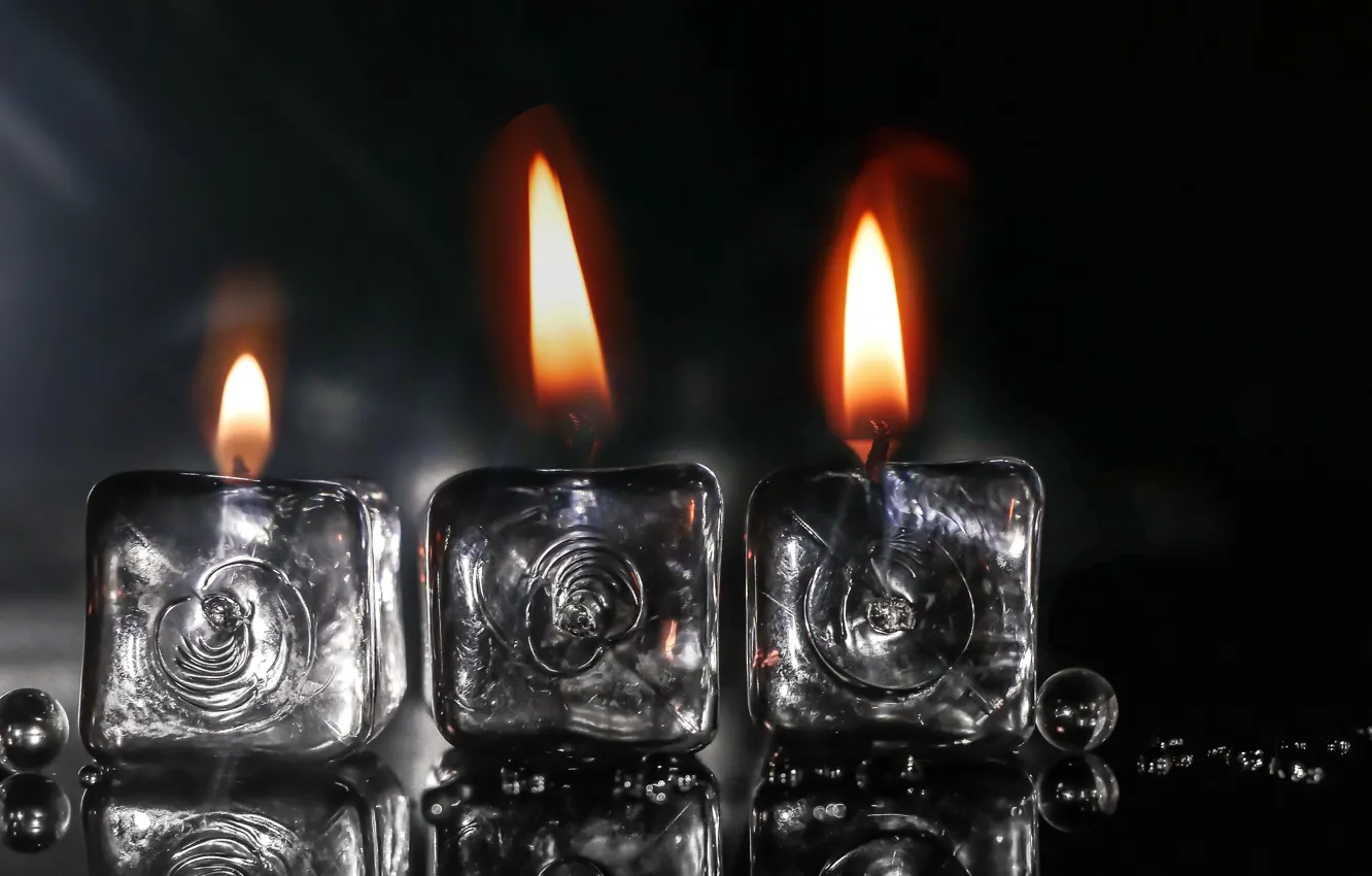 Photo wallpaper water, drops, lights, flame, cubes, candles, wick, three