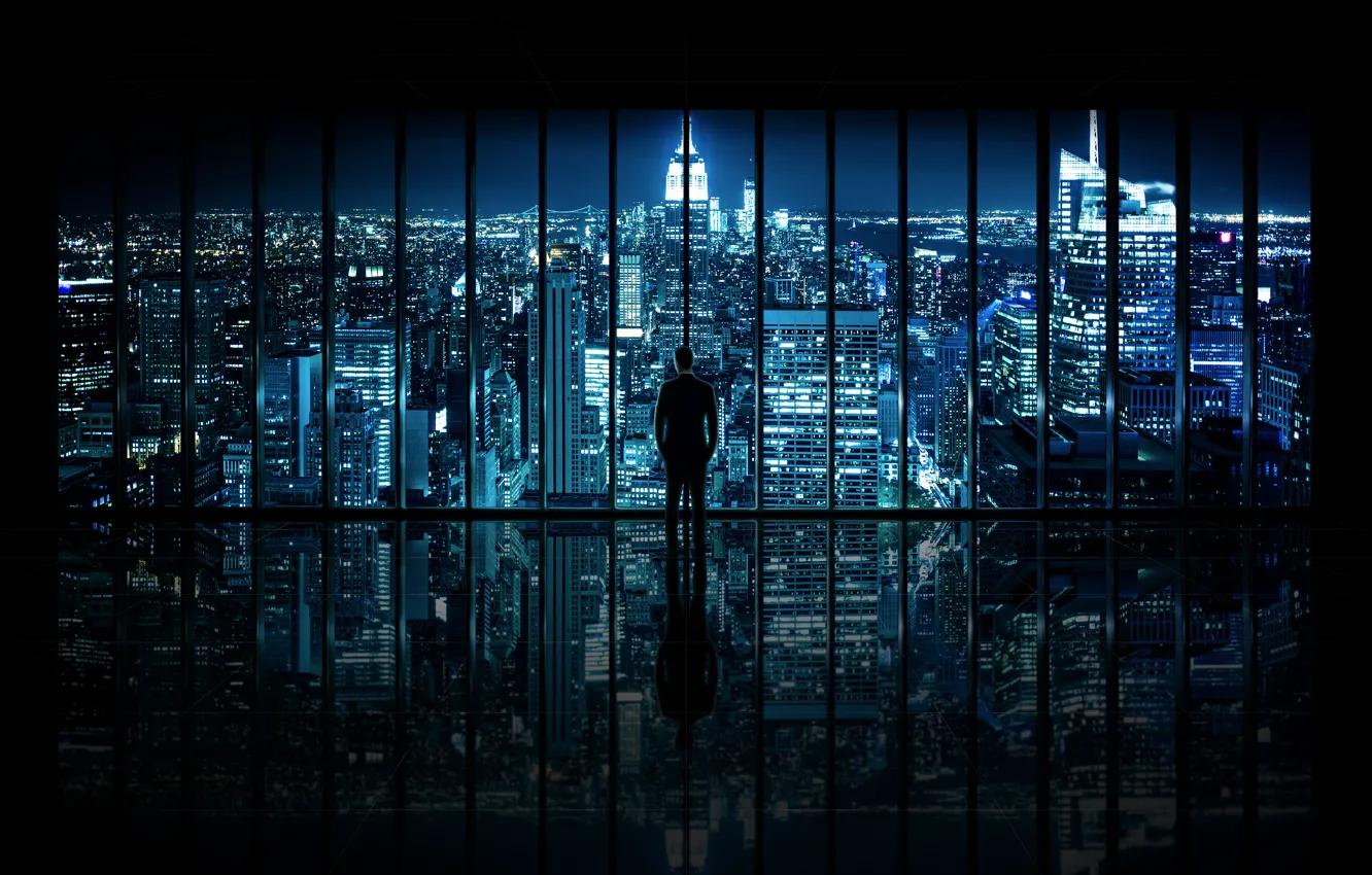Photo wallpaper night, the city, view, window, male, The Dark Knight, New York City, Window to Gotham …