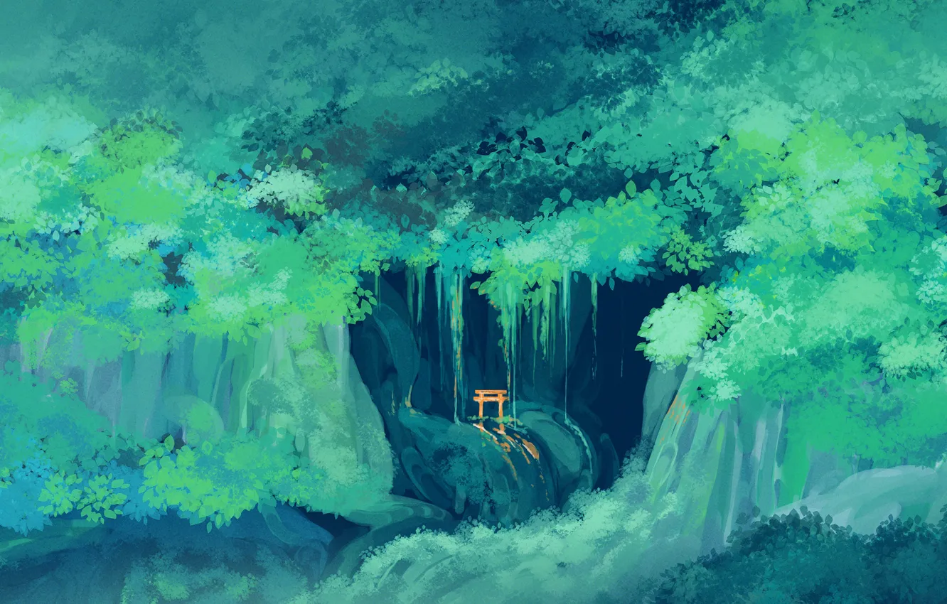 Photo wallpaper greens, forest, torii