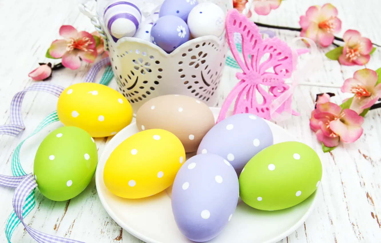 Photo wallpaper flowers, eggs, spring, colorful, Easter, wood, pink, blossom