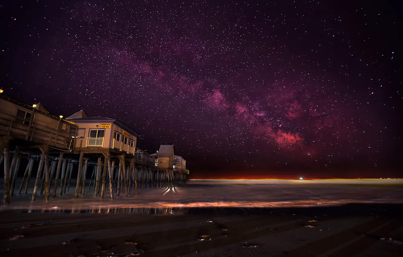 Photo wallpaper sea, night, bridge, United States, Maine, Old Orchard Beach