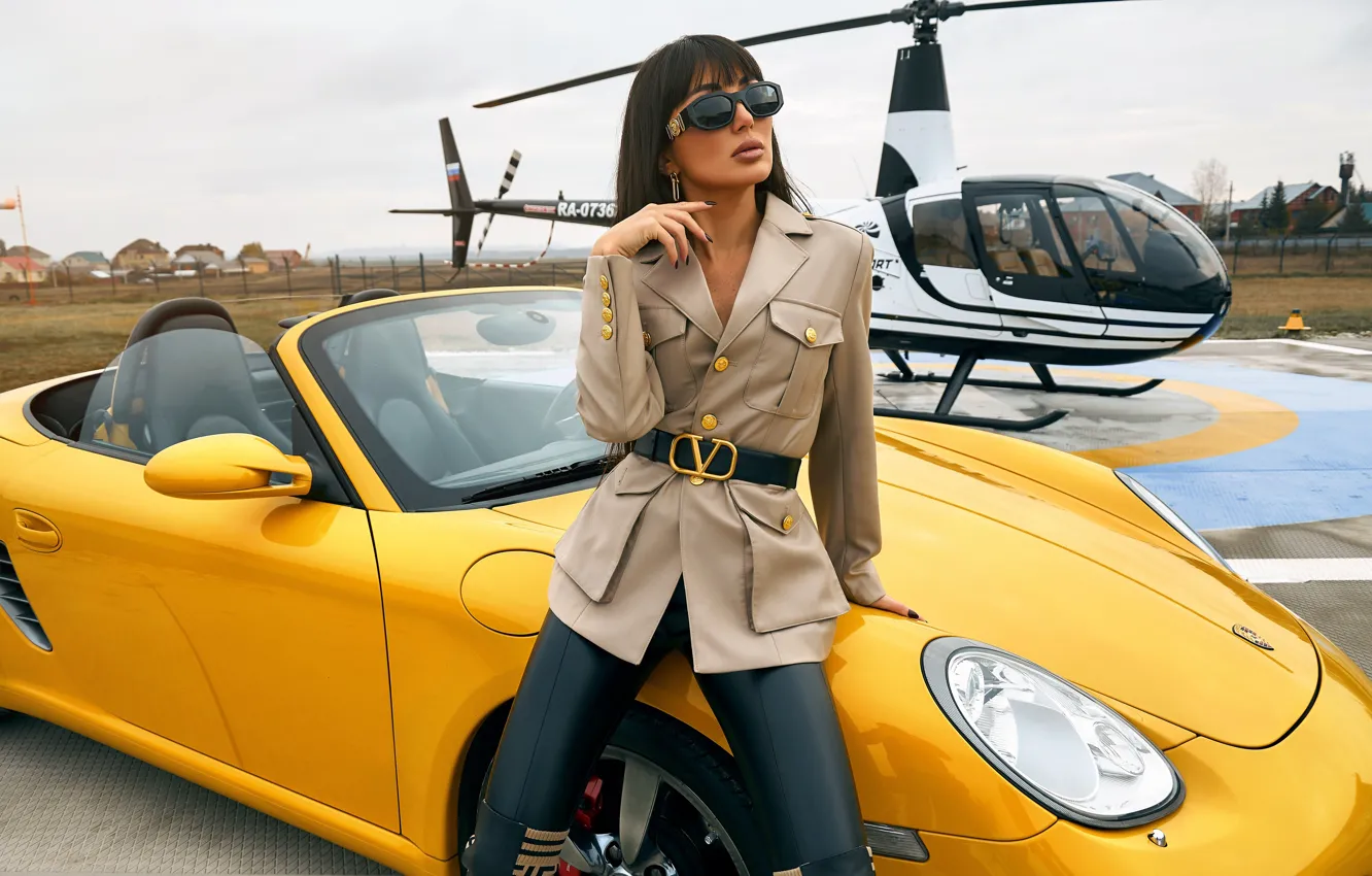 Photo wallpaper girl, pose, brunette, glasses, helicopter, car, Alexander Skripnikov
