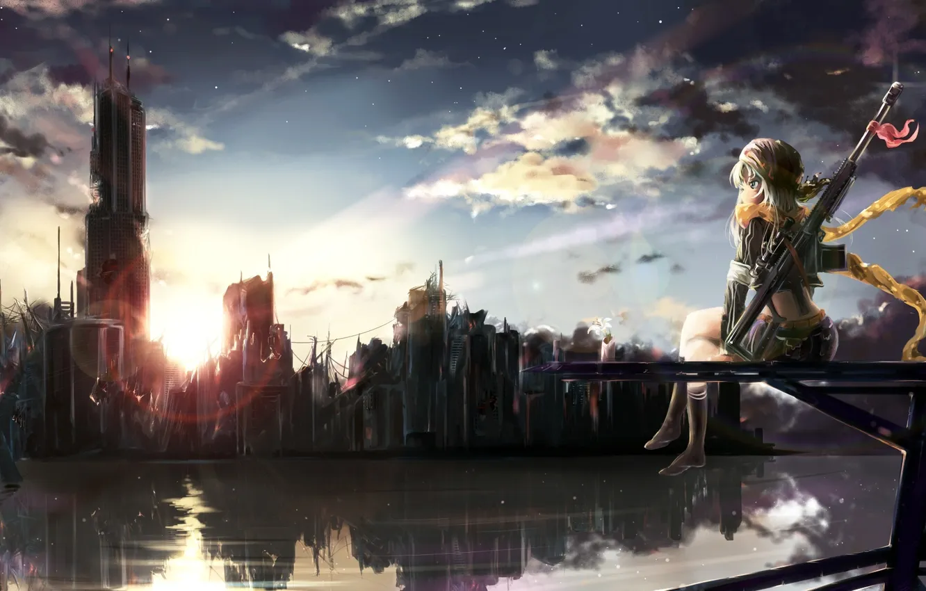 Photo wallpaper flower, water, girl, clouds, sunset, the city, weapons, art