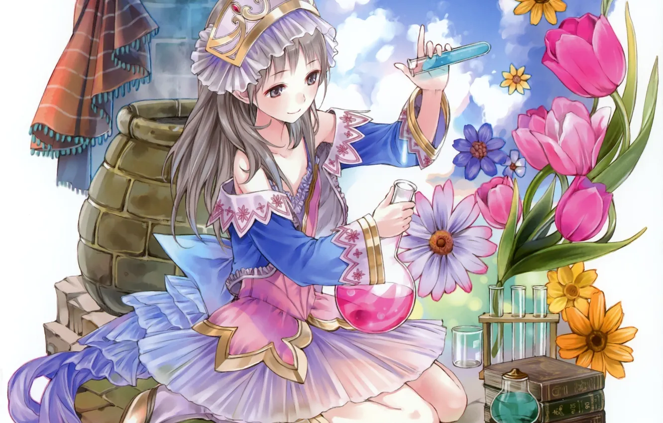 Photo wallpaper girl, clouds, flowers, book, bulb, boiler, experiment, atelier
