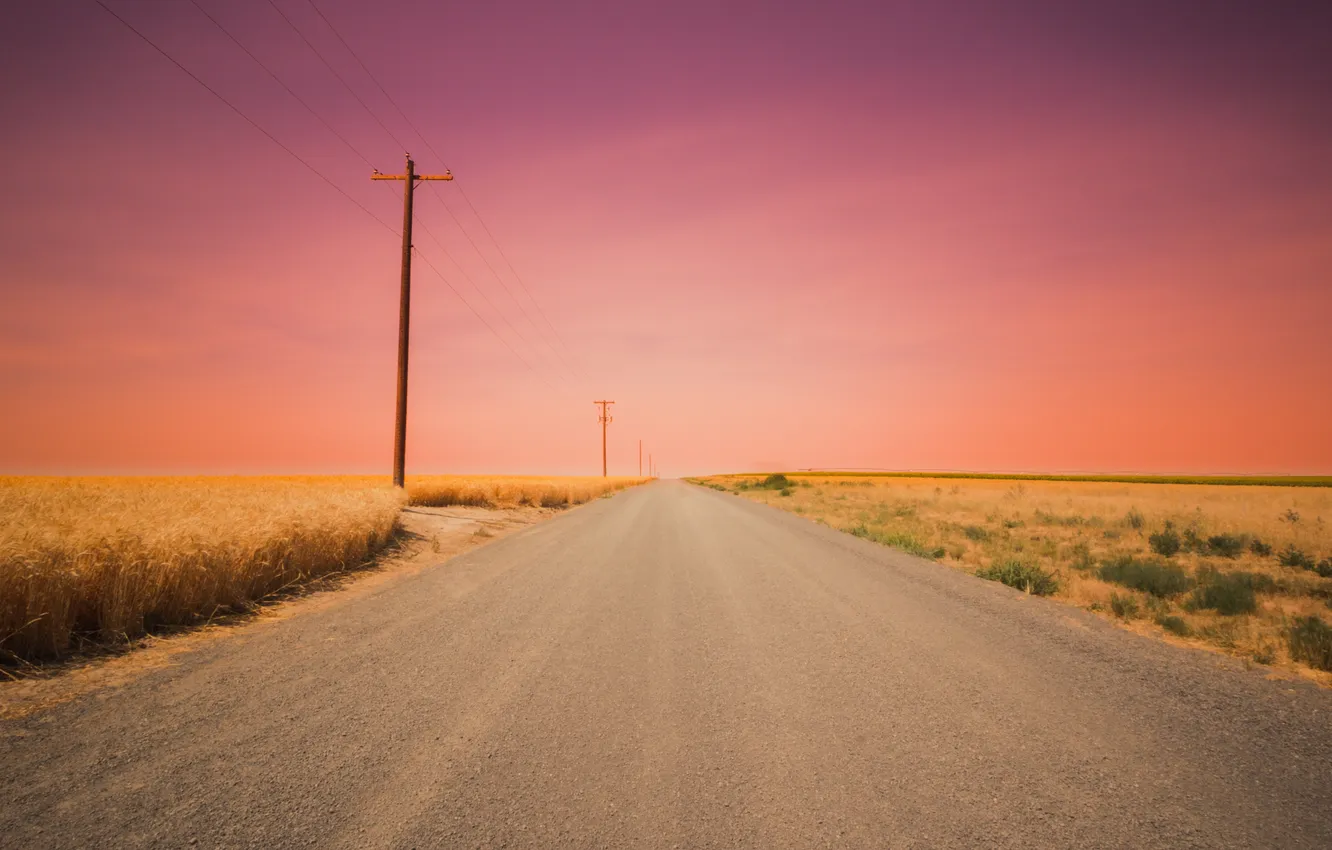 Photo wallpaper road, field, sunset, power line, pink sky