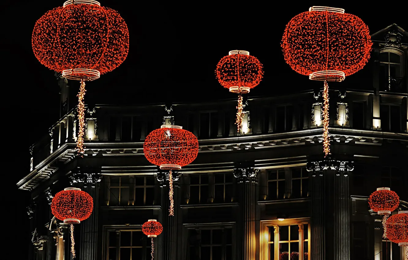 Photo wallpaper night, red, building, lights