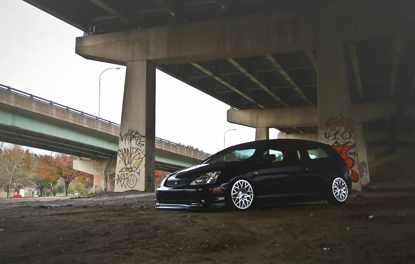 Photo wallpaper bridge, black, Honda, black, Honda, Civic, civici, Type R