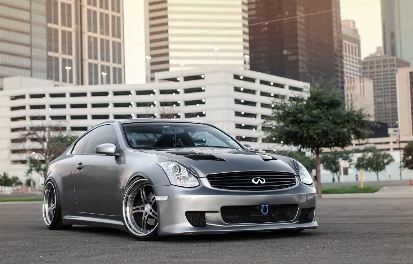 Photo wallpaper the city, building, silver, Infiniti, infiniti, front, silvery, G-Series