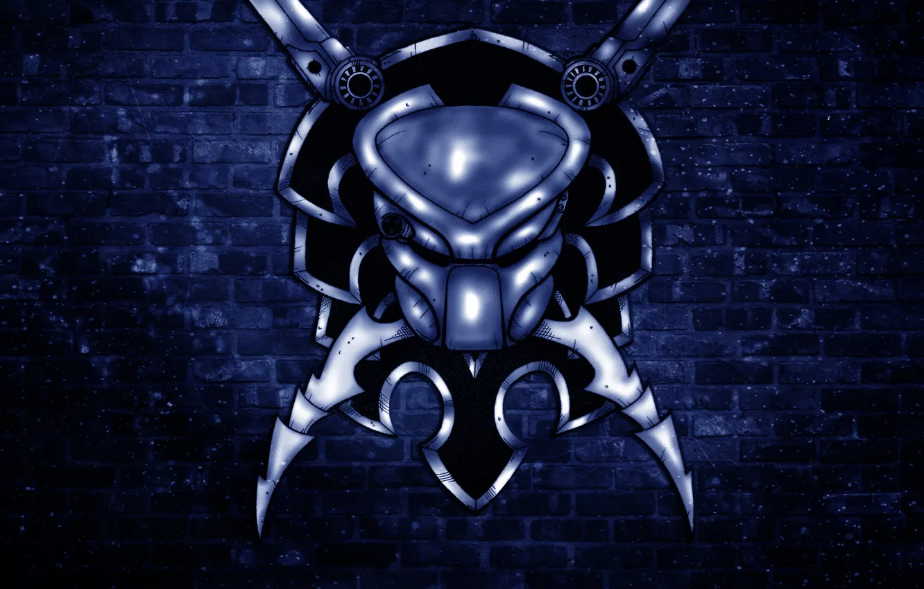 Photo wallpaper wall, predator, head, blade, blue background, predator