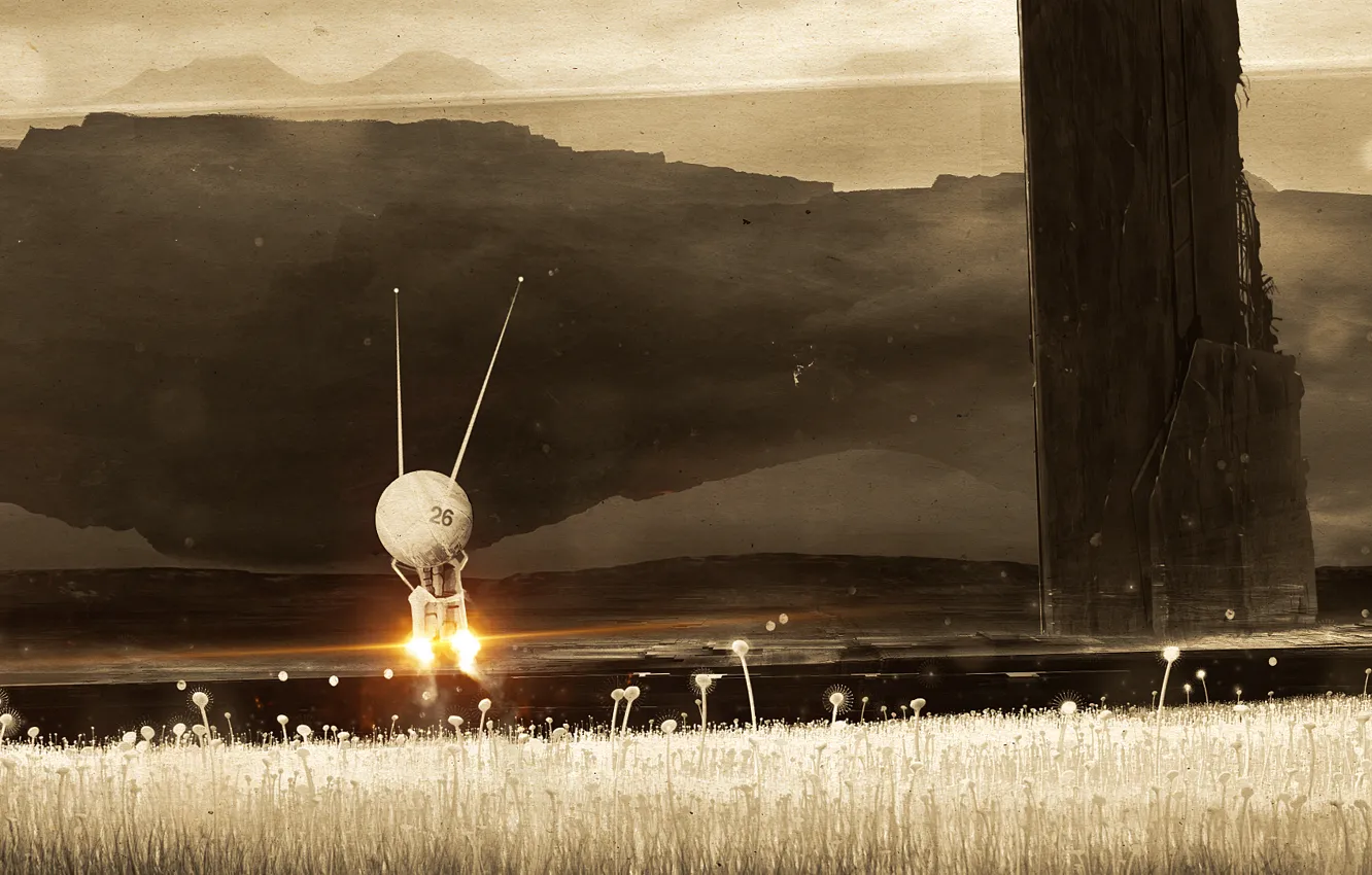 Photo wallpaper field, mountains, fiction, art, dron