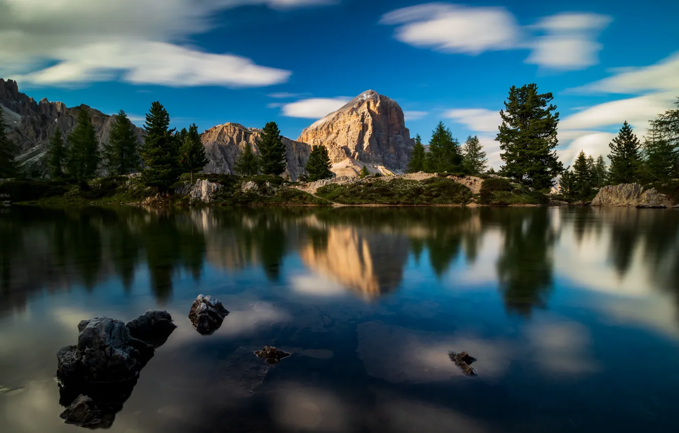 Photo wallpaper forest, clouds, mountains, reflection, pond