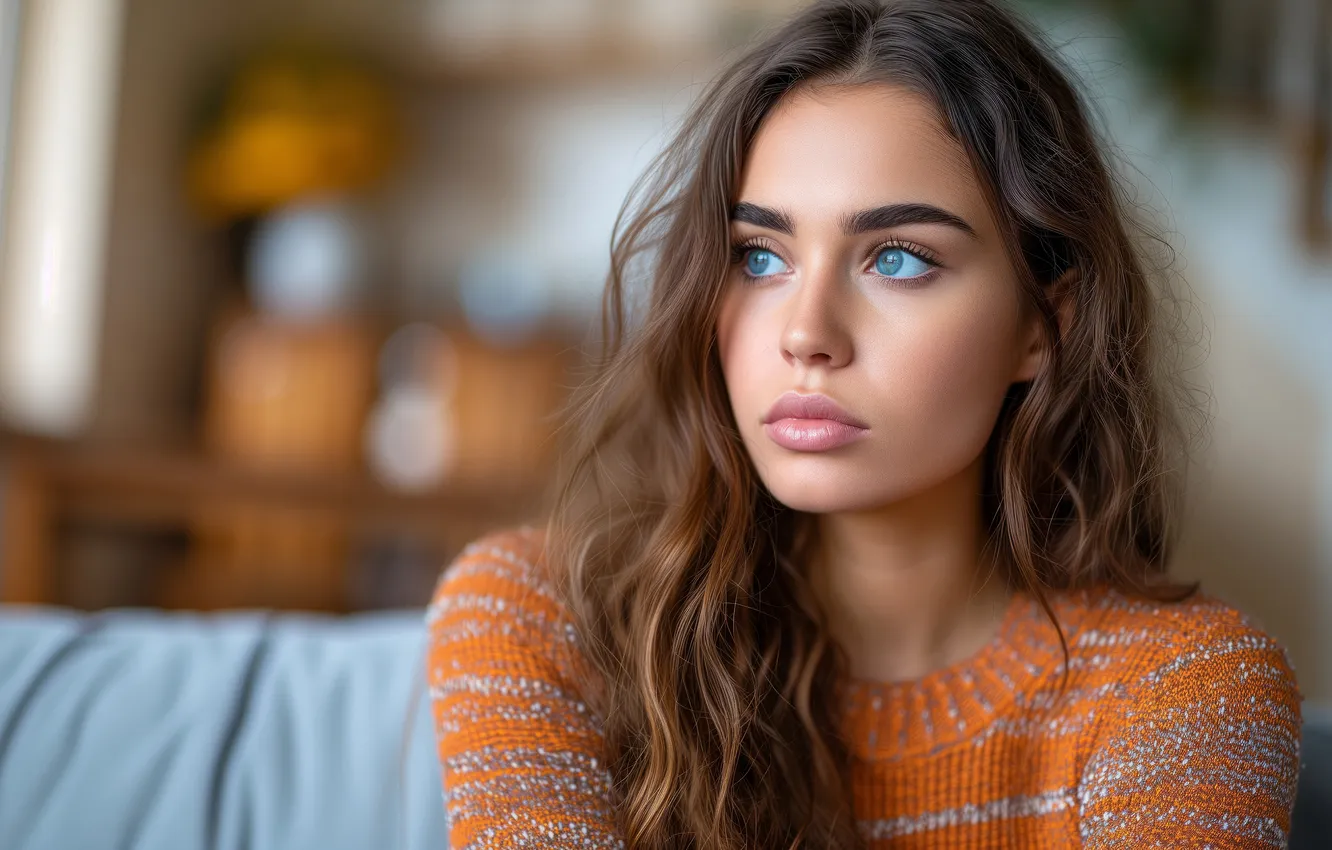 Photo wallpaper look, girl, orange, face, room, sofa, portrait, brown hair