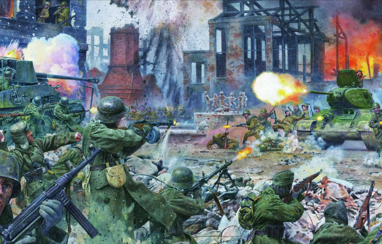 Photo wallpaper Attack, Soviet infantry, PPSH-41, MG-34, Marder II, MP-40, German infantry, Steve Noon