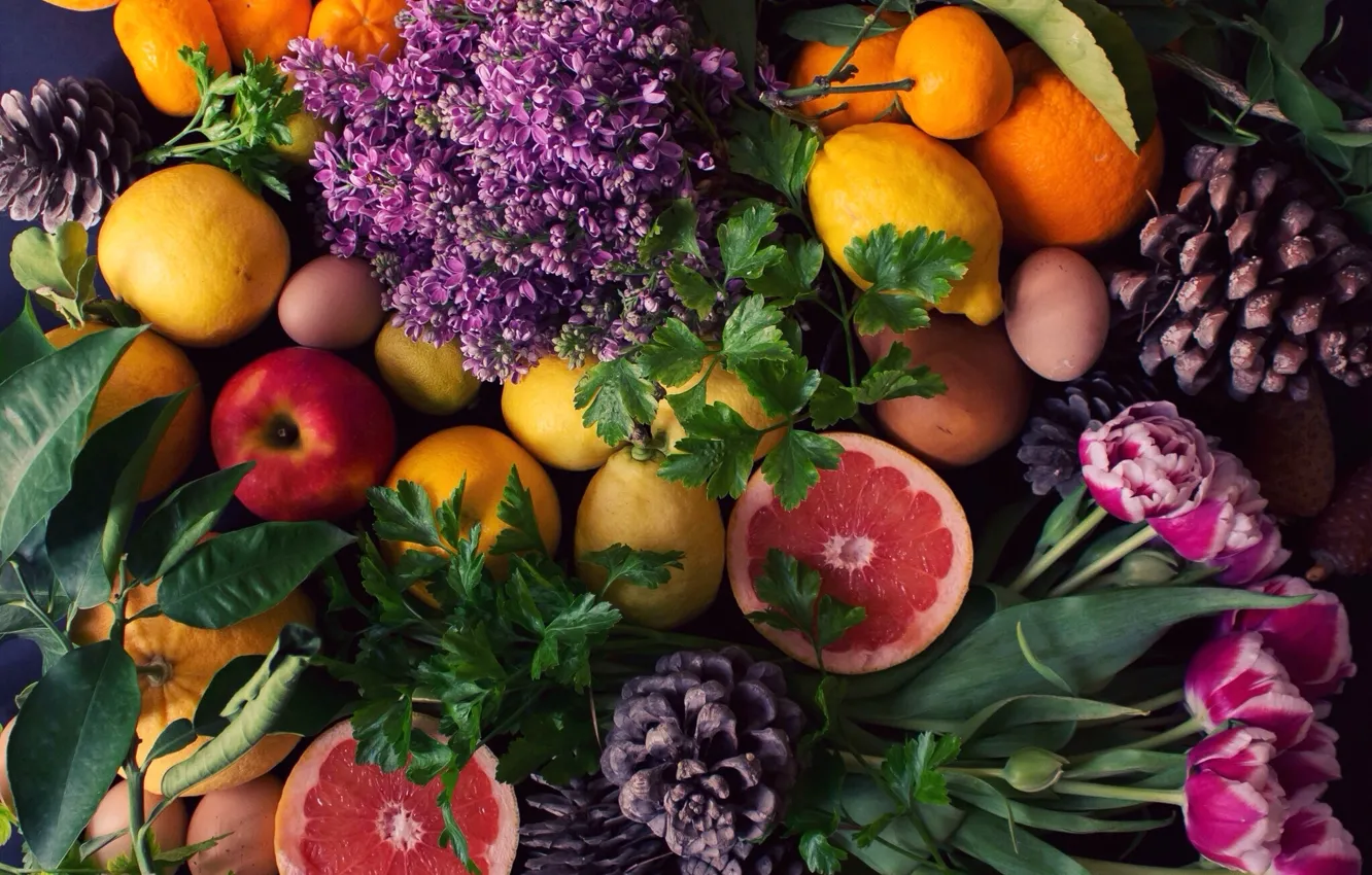 Photo wallpaper apples, oranges, tulips, fruit, luxury, bumps, parsley, lemons