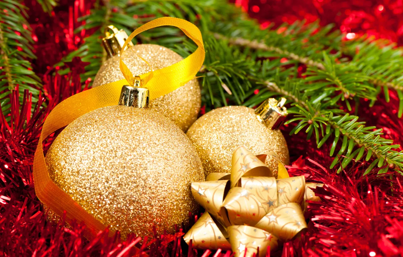 Photo wallpaper the rain, balls, red, balls, tree, new year, Christmas, gold