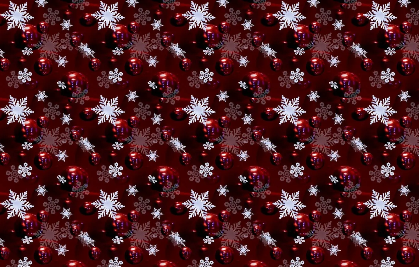 Photo wallpaper balls, snowflakes, red, background, holiday, figure, color, new year