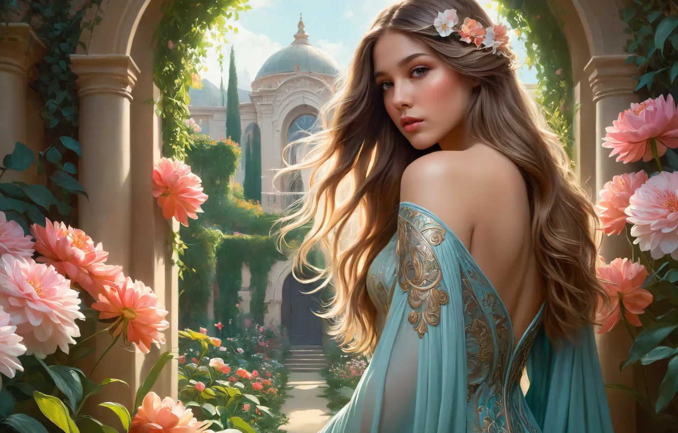 Photo wallpaper woman, garden, blue dress, fantasy