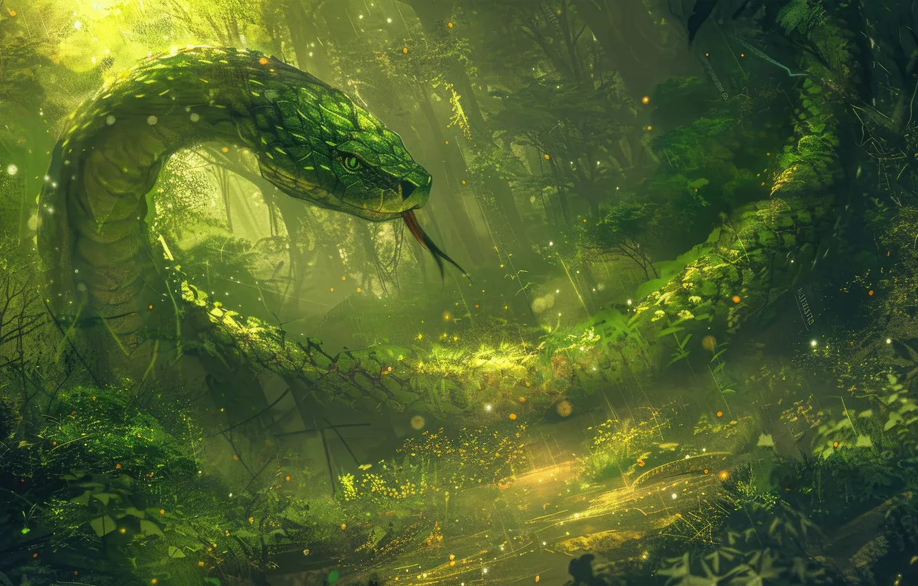 Photo wallpaper language, grass, trees, animal, snake, reptile, digital art, AI art