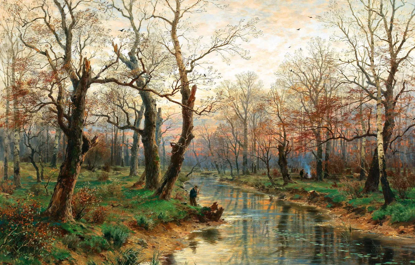 Photo wallpaper trees, picture, fisherman, male, river, Austrian painter, Hugo Darnaut, Hugo Darnaut
