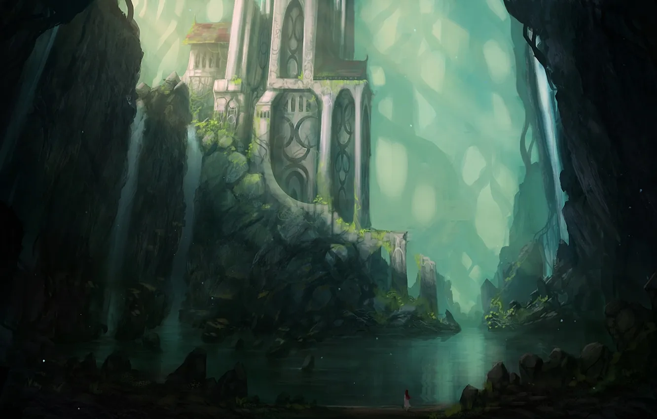 Photo wallpaper girl, landscape, lake, building, waterfall, art, temple, blinck