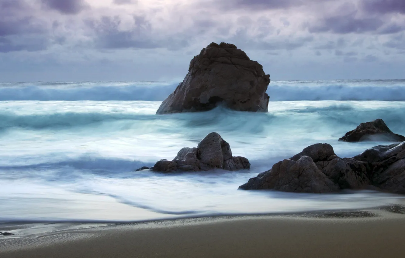 Photo wallpaper sea, wave, storm, stones, tide