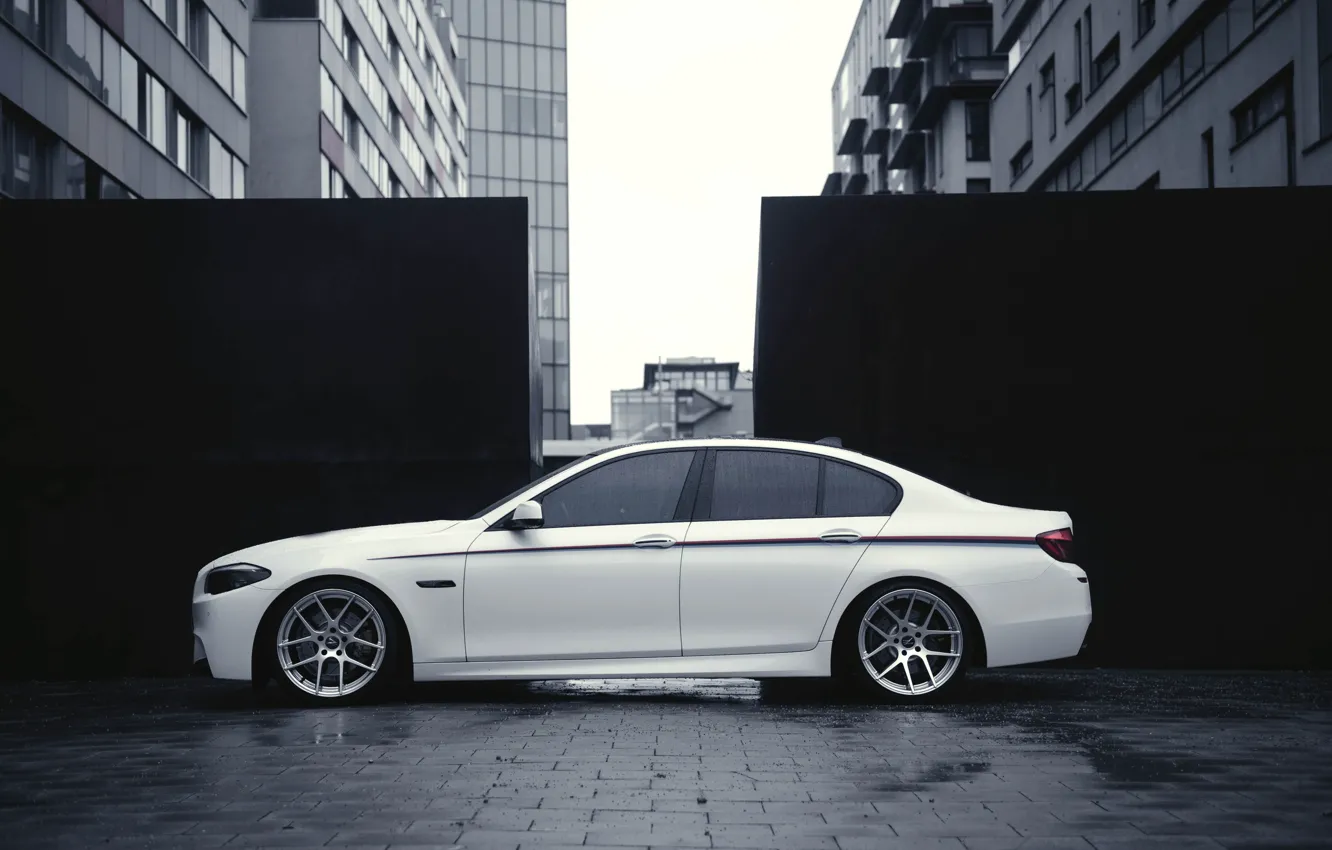 Photo wallpaper BMW, White, BMW, Drives, F10, Side, Overcast, Deep Concave