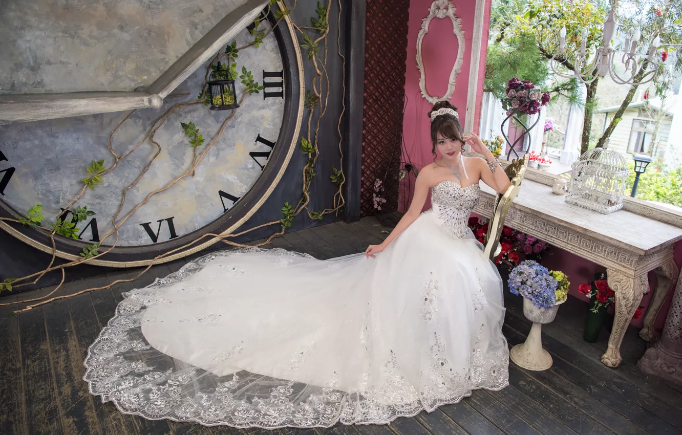 Photo wallpaper girl, flowers, face, room, hair, dress