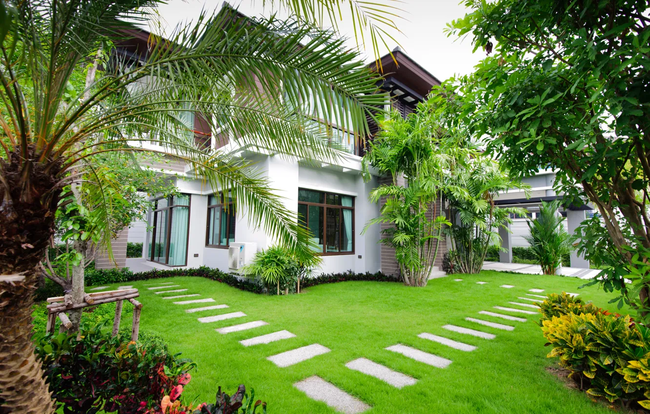 Photo wallpaper greens, trees, design, house, lawn, garden, mansion, the bushes