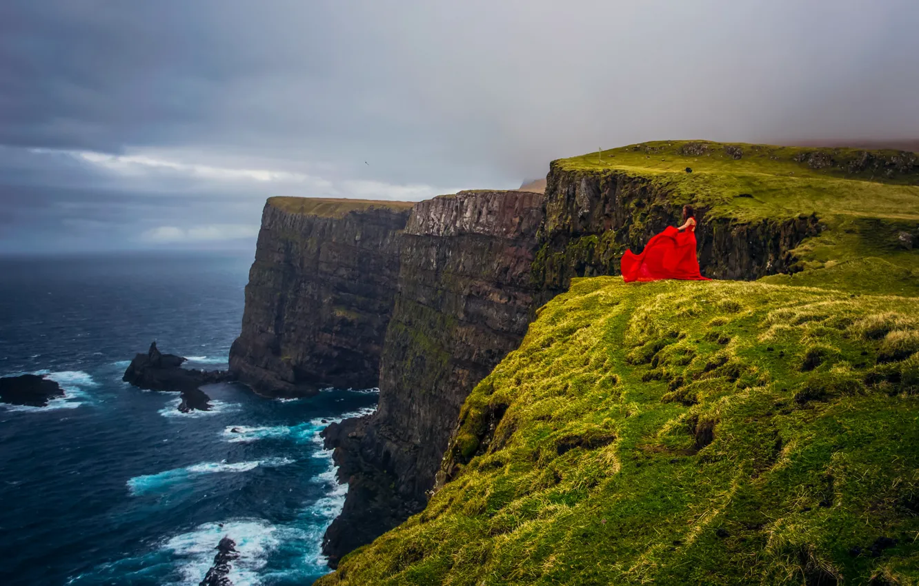 Photo wallpaper girl, mood, the ocean, coast, Denmark, red dress, The Atlantic ocean, Faroe Islands