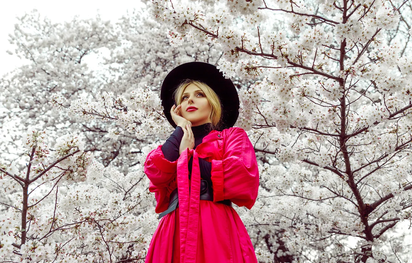Photo wallpaper pose, spring, hat, flowering trees, a charming woman, First promise of spring