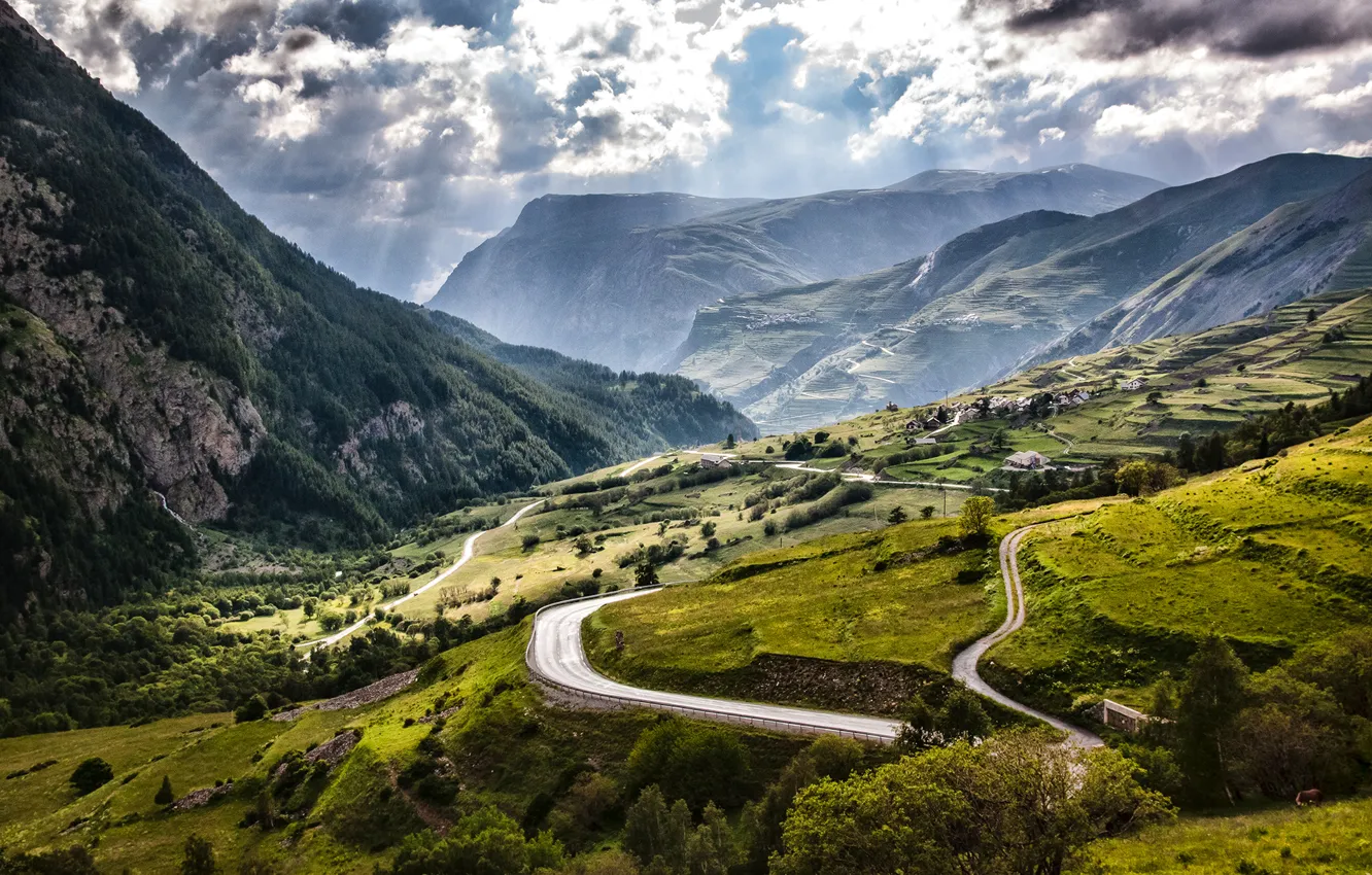 Photo wallpaper road, field, clouds, mountains, France, Alps, meadow, panorama