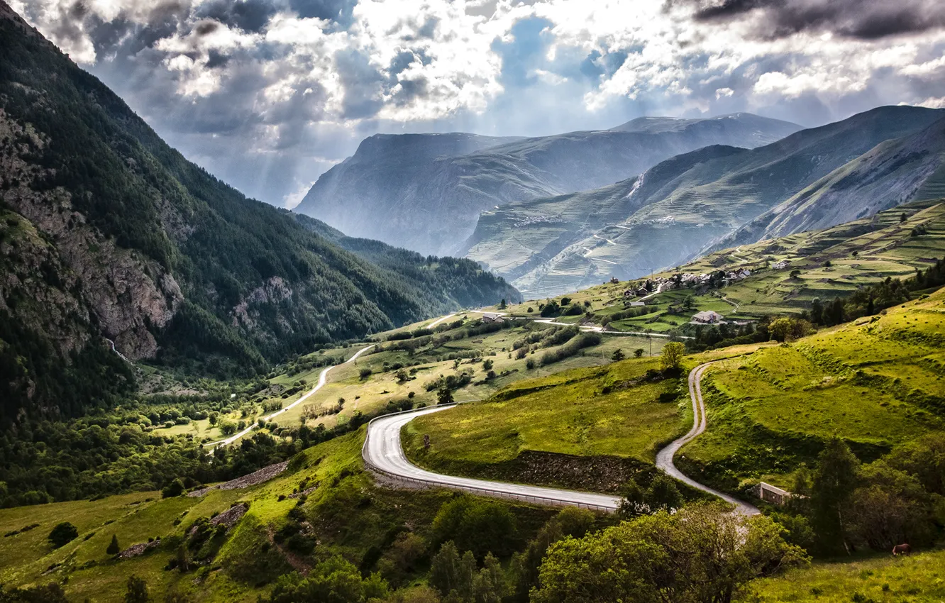 Photo wallpaper clouds, mountains, France, field, road, Alps, panorama, the rays of the sun