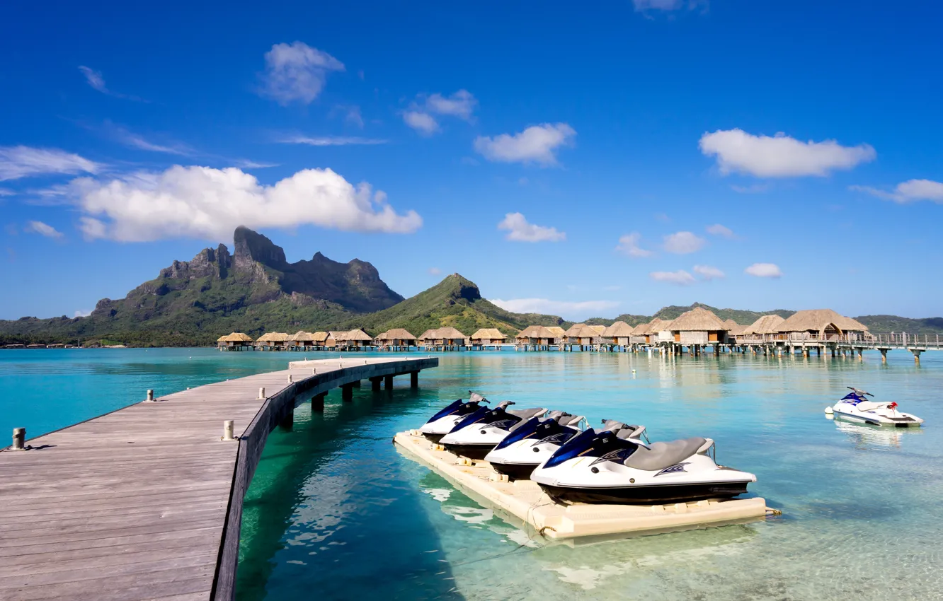 Photo wallpaper the sky, clouds, mountains, coast, island, pier, Bora Bora, Sunny