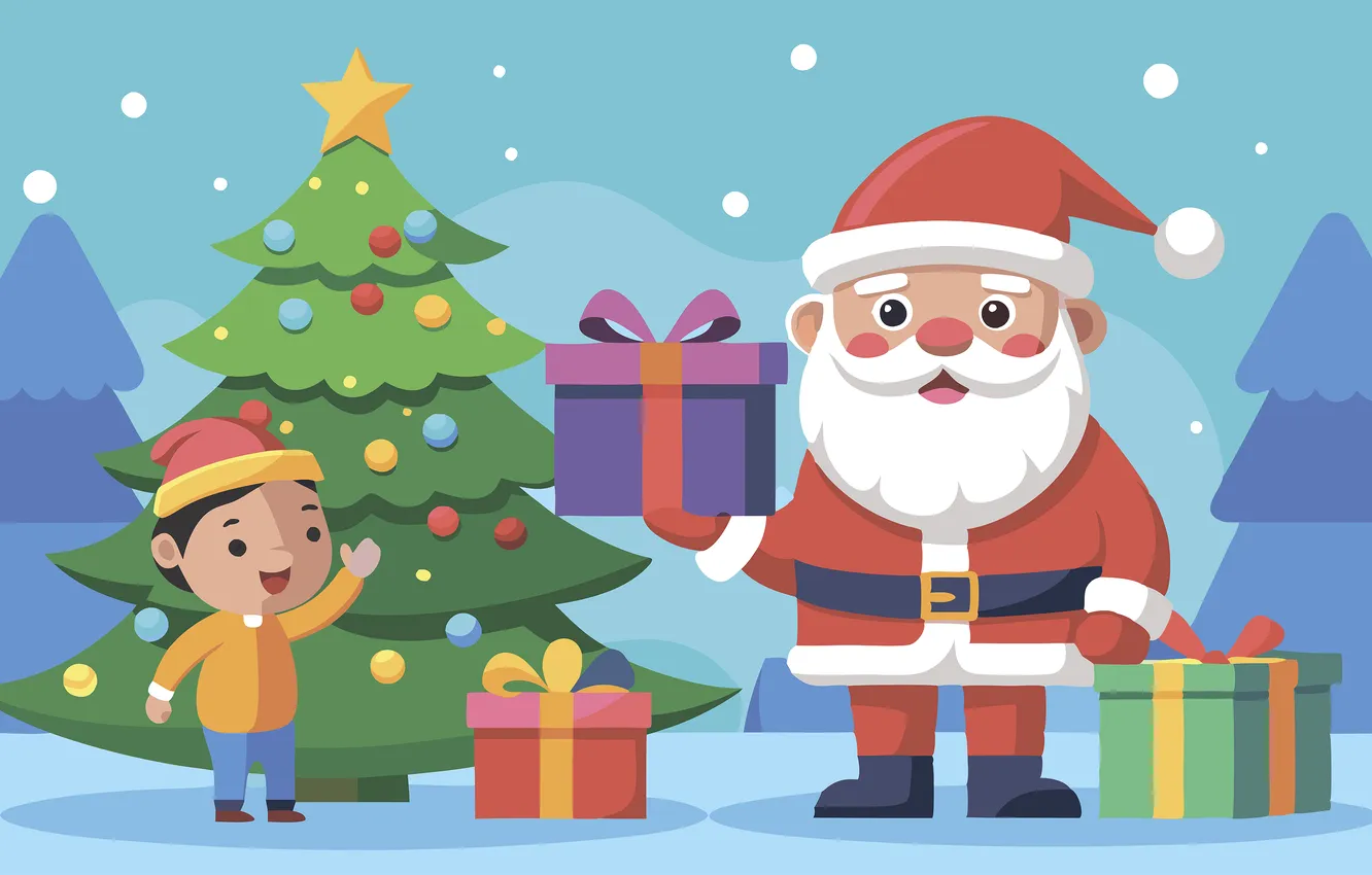 Photo wallpaper forest, child, vector, boy, Christmas, gifts, New year, Santa Claus