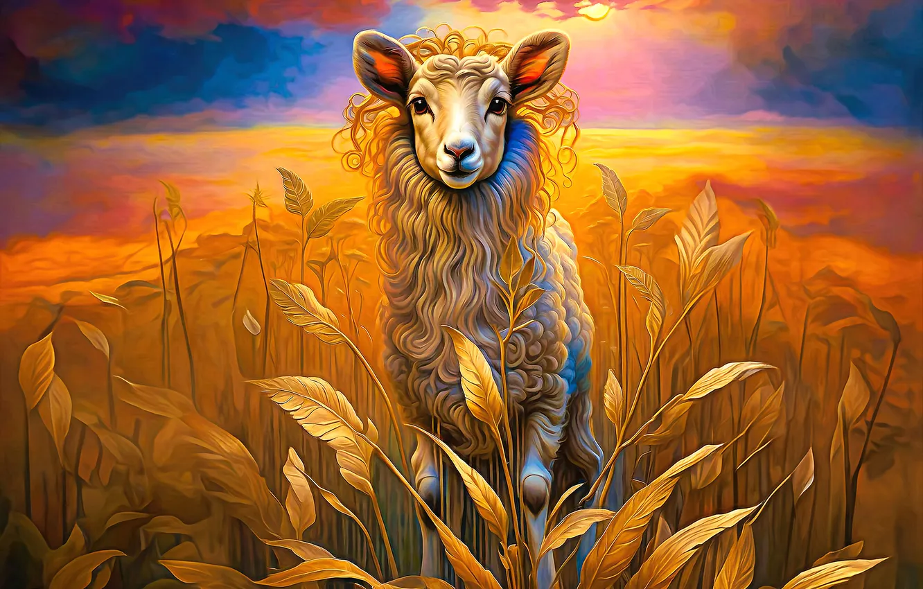 Photo wallpaper field, look, leaves, sunset, nature, sheep, stem, painting