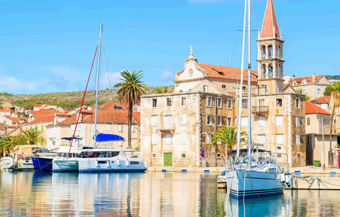 Photo wallpaper sea, the city, Marina, home, yachts, promenade, Croatia, Jadran