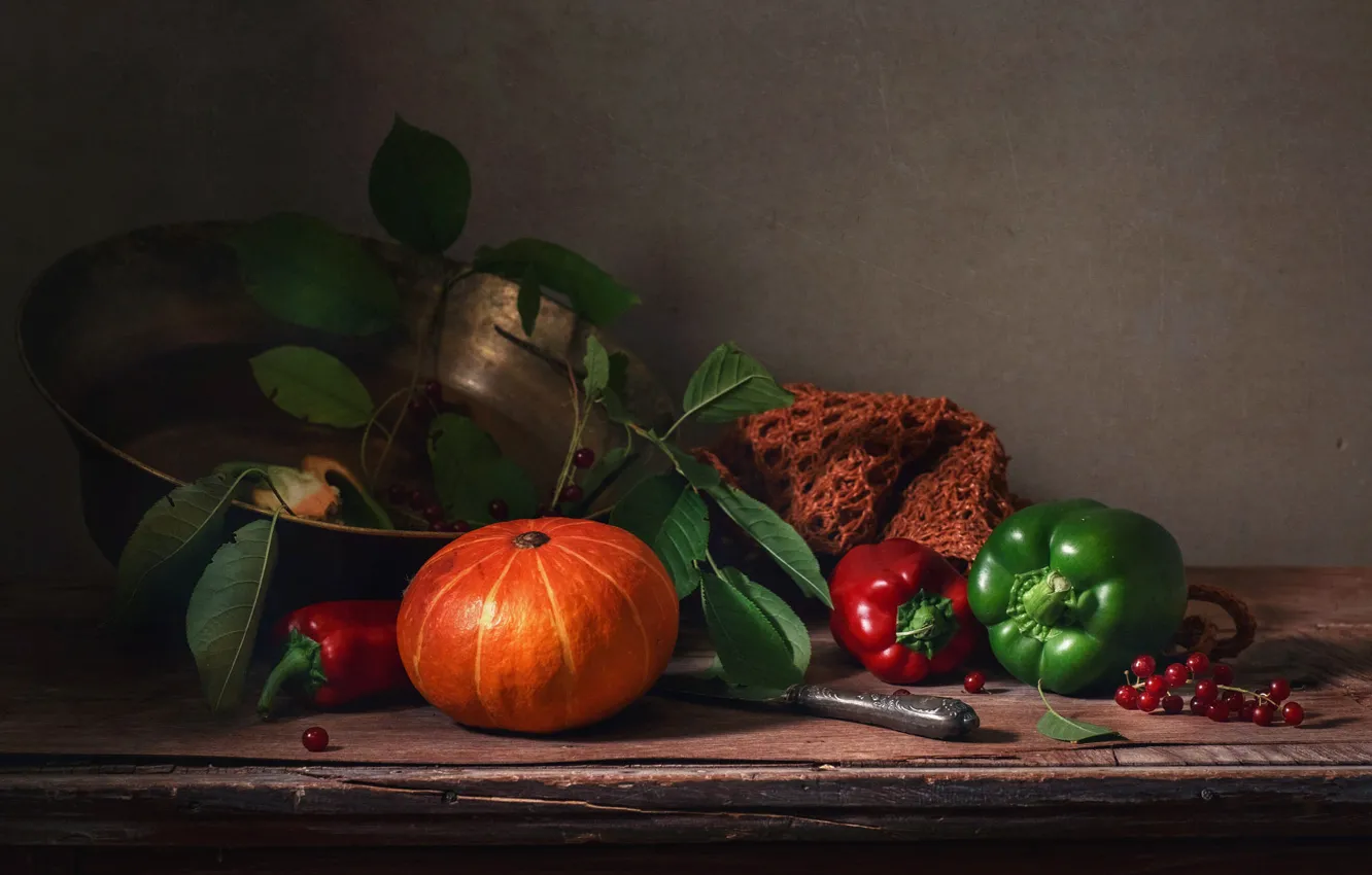 Photo wallpaper branches, pumpkin, pepper, still life, cherry