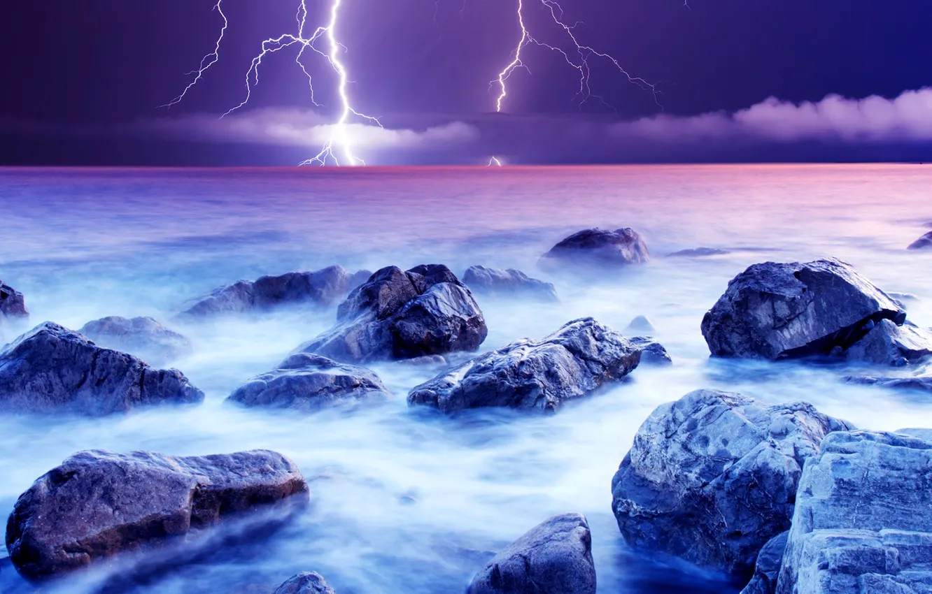 Photo wallpaper sea, the storm, the sky, clouds, stones, lightning