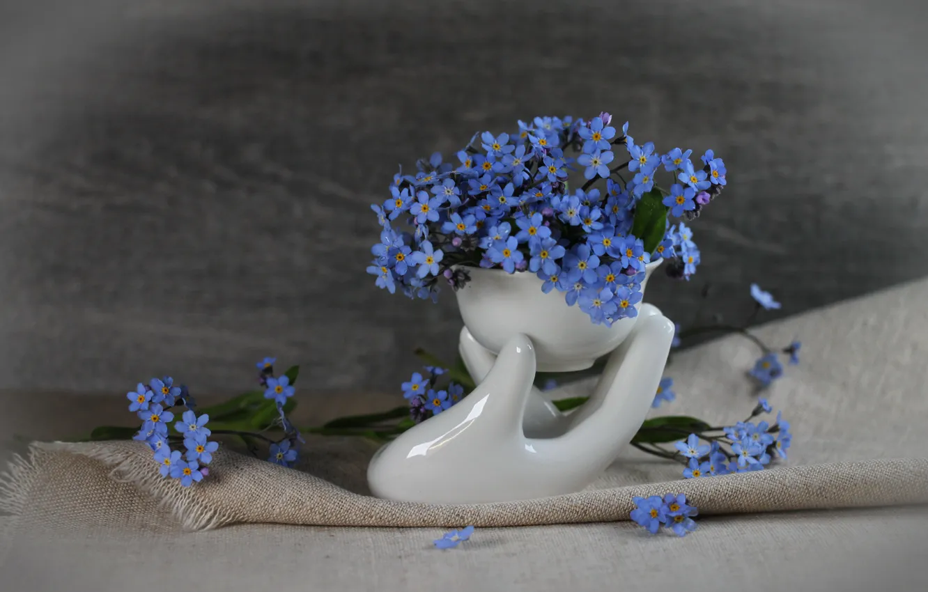 Photo wallpaper flowers, a bouquet of flowers, burlap, forget-me-nots, blue flowers, porcelain, minbucket, small bouquet