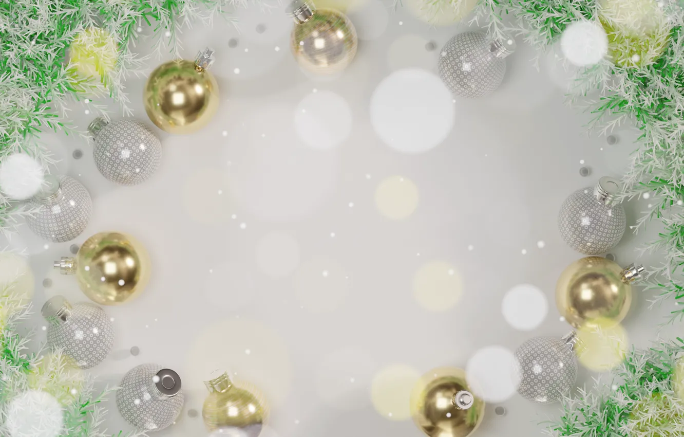 Photo wallpaper gold, silver, balls, snowfall, light background, bokeh, needles, Christmas decorations