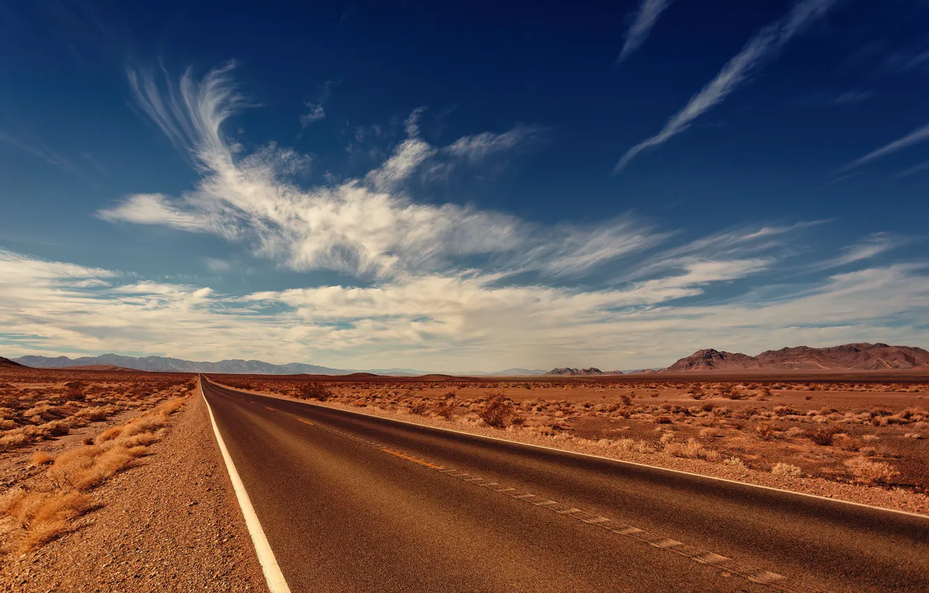 Photo wallpaper road, asphalt, clouds, mountains, the way, desert, horizon, road