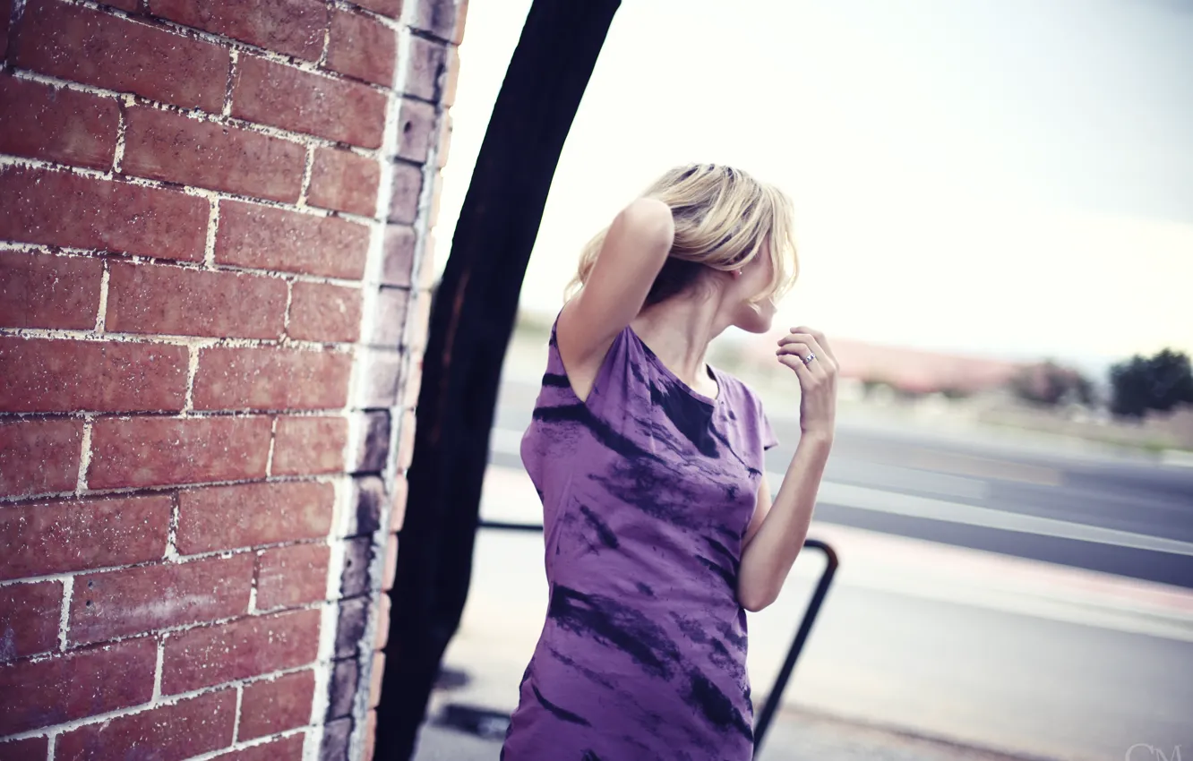 Photo wallpaper girl, wall, dress, woman, bricks, model, purple, blonde